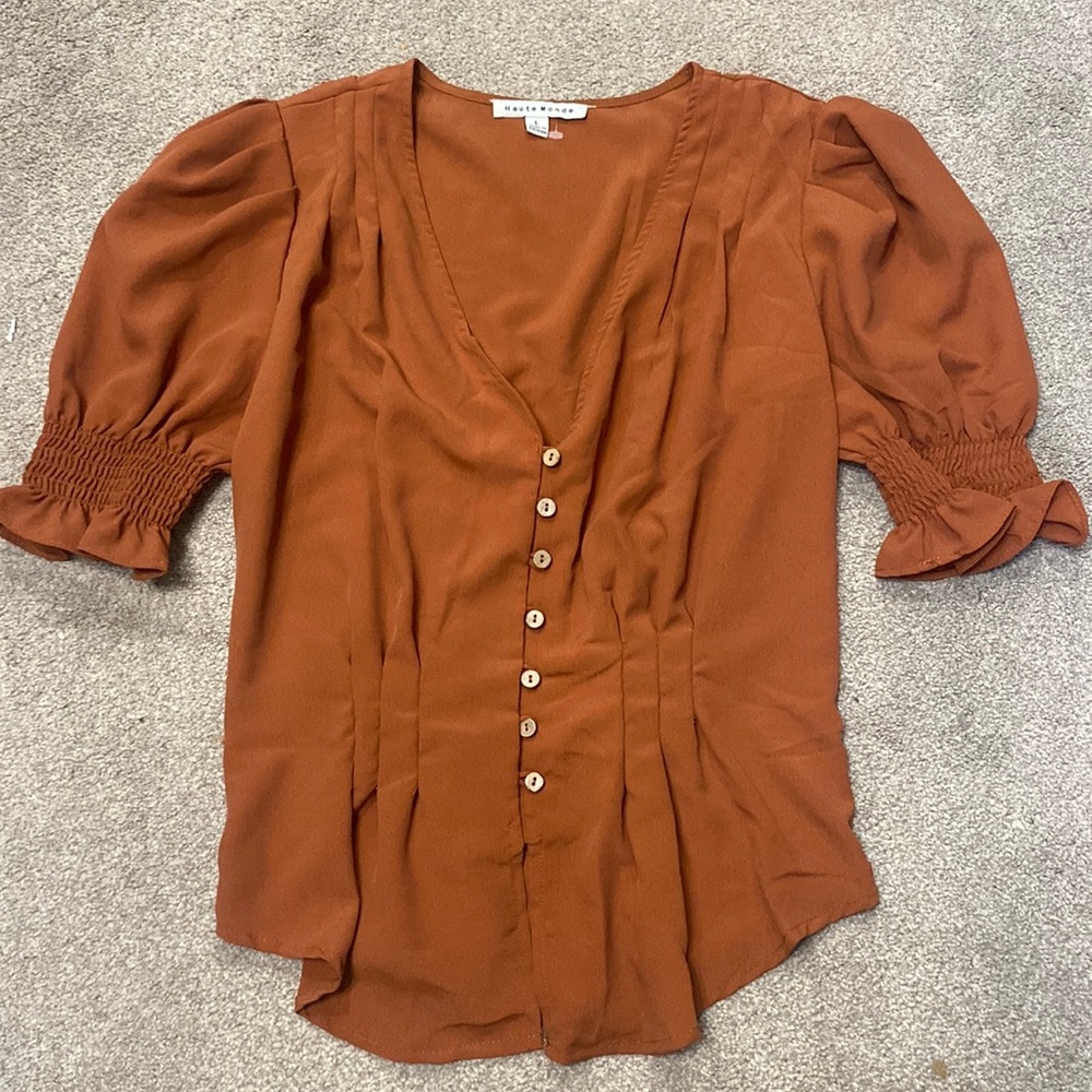 Haute Monde Rust Orange Puff Short Sleeve Button Down Blouse Size L